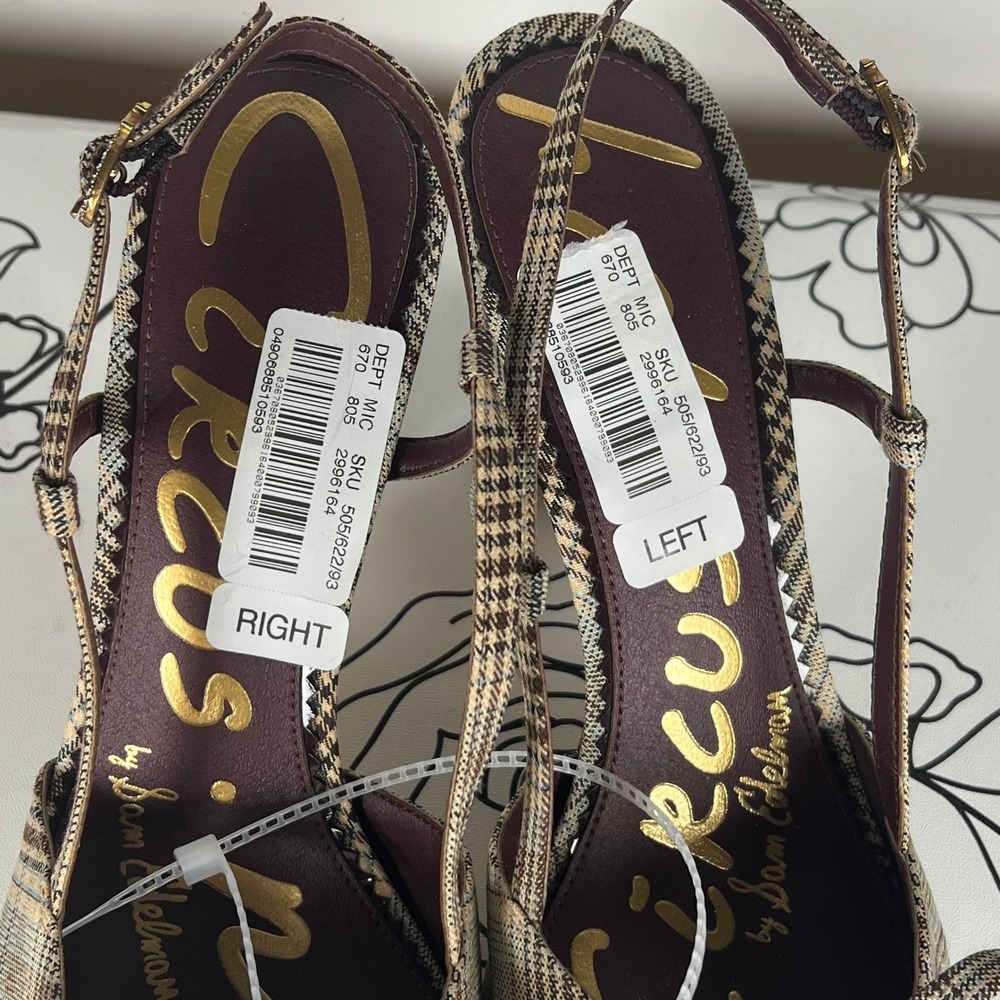 Circus by Sam Edelman Monica Plaid Slingback Pumps Kitten Heel Bow Tan Brown 10 - Picture 7 of 9